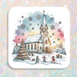 Kids Playing at Church at Christmas Time Square Sticker<br><div class="desc">Pretty whimsical watercolor church and chapel,  Christmas tree and children playing in the snow Christmas stickers.</div>