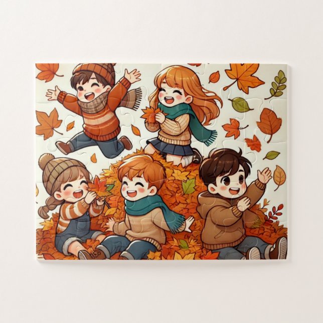 Kids playing with a pile of fallen leaves jigsaw puzzle (Horizontal)