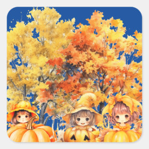kids playing with the pumpkins square sticker
