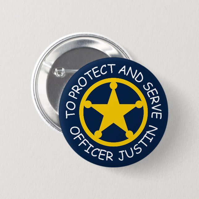 Kid's police officer name badge with sheriff star  2 inch round button (Front & Back)