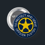 Kid's police officer name badge with sheriff star  2 inch round button<br><div class="desc">Kid's police officer name badge with sheriff star button. To protect and to serve pin back buttons. Custom button with yellow police star and personalized text. Make your own unique Birthday gift for future policemen, policewomen, police officer, agent, sheriff, constable, patrol cop, security guard, husband, dad, father, brother, uncle, grandpa,...</div>