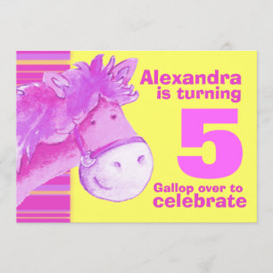 Kids pony 5th birthday pink yellow birthday invite