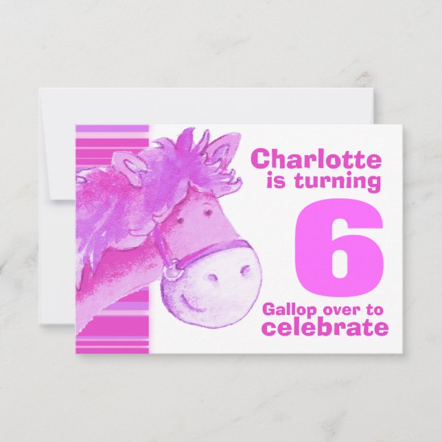 Kids pony 6th birthday pink white birthday invite (Front)