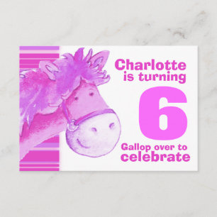 Kids pony 6th birthday pink white birthday invite