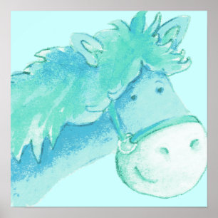 Kids pony art aqua & green square poster print