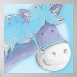 Kids pony art baby blue square poster print