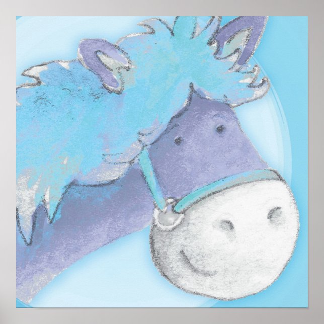 Kids pony art baby blue square poster print (Front)