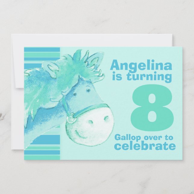 Kids pony treking 8 birthday aqua birthday invite (Front)