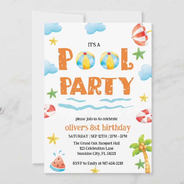 Kids Pool Party,Swim Party Invitation  (Front)