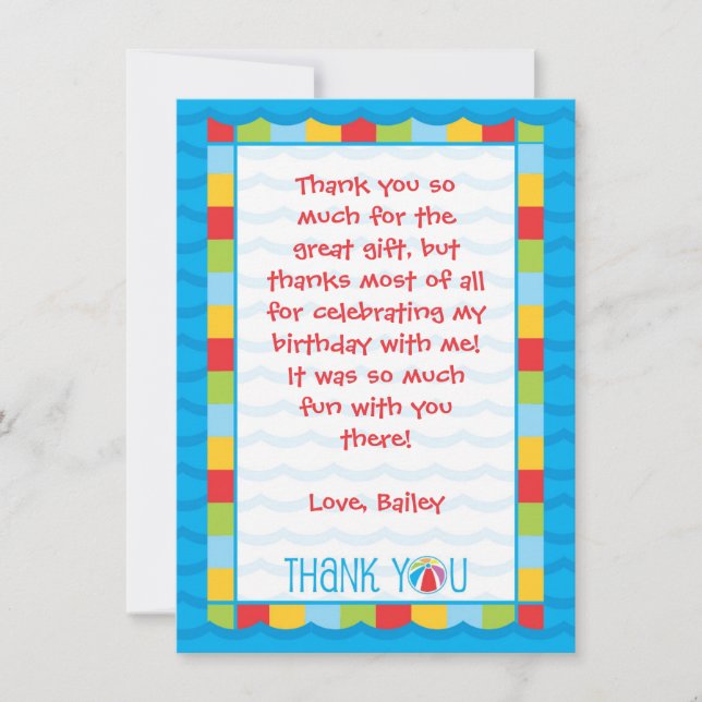 Kids Pool Party Thank You Card (Front)