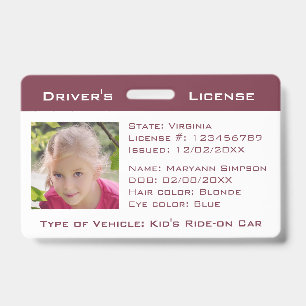Kids Pretend Driver's License Bike Ride-On Cars Badge