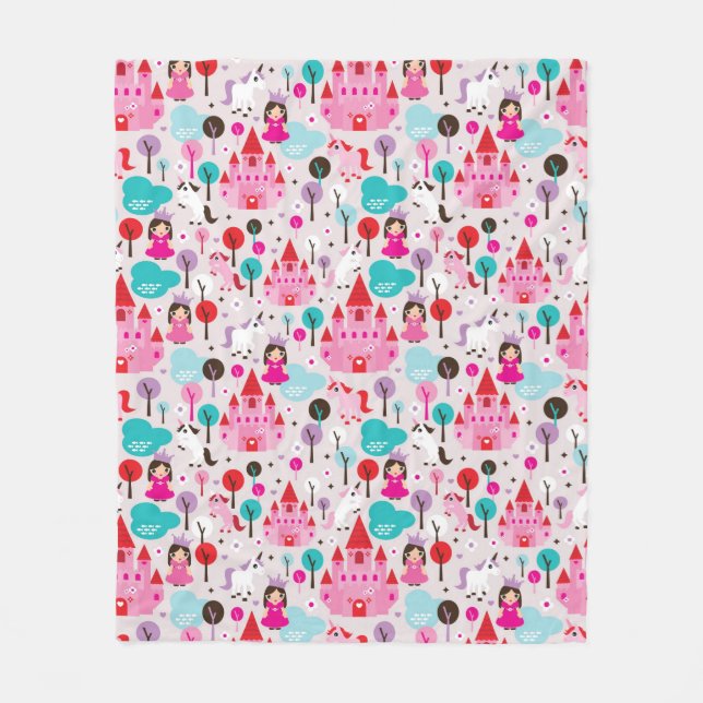 kids princess castle and unicorn fleece blanket (Front)