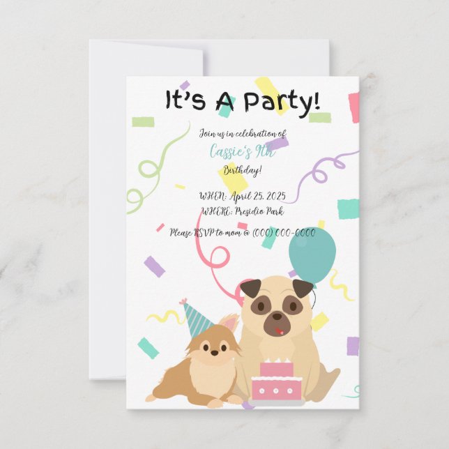 Kids Pug Dog Birthday Invitation (Front)