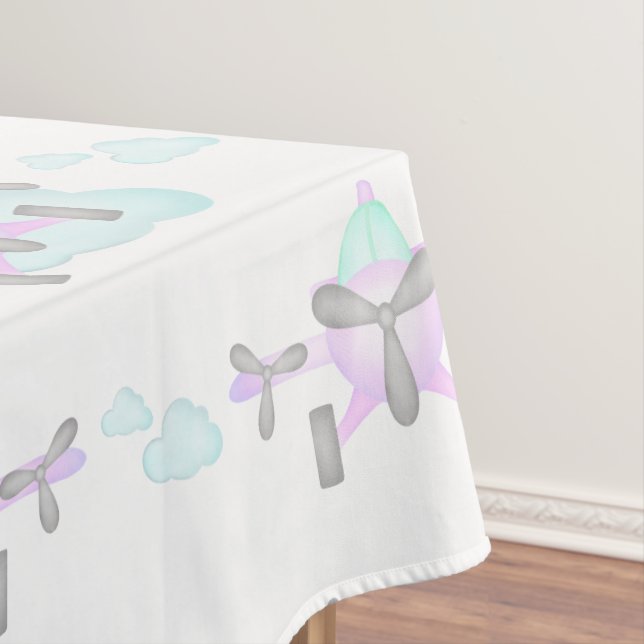 Kids Purple Airplane Flying Aviation Birthday Tablecloth (In Situ)