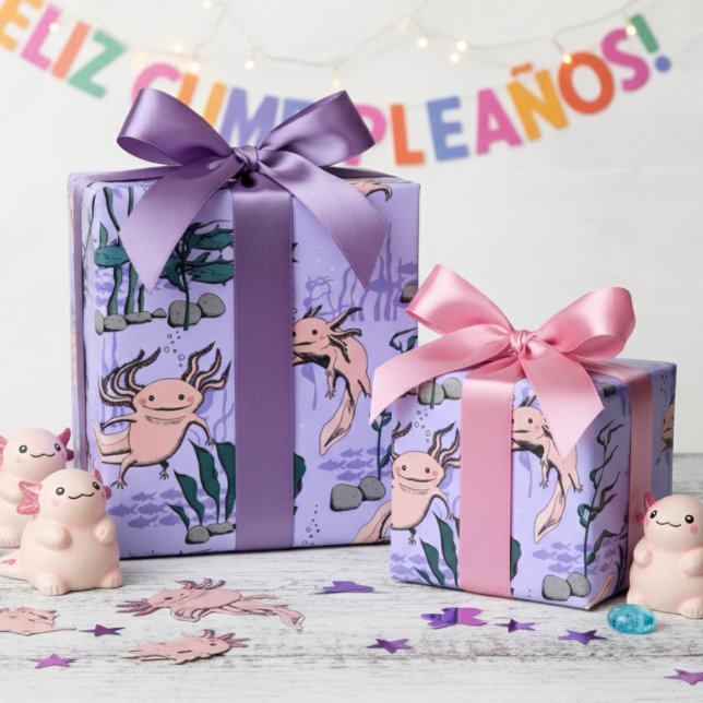 Kids Purple & Green Underwater Axolotl Drawing Wrapping Paper (Cute Pet Axolotl Purple Kids Gift Wrap. Mexican Walking Fish Salamander Pattern for Amphibian Lover)