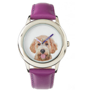 Kid's  Purple Leather Strap Watch w/ golden doodle