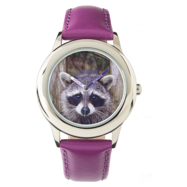Kid's  Purple Leather Strap Watch w/ raccoon (Front)