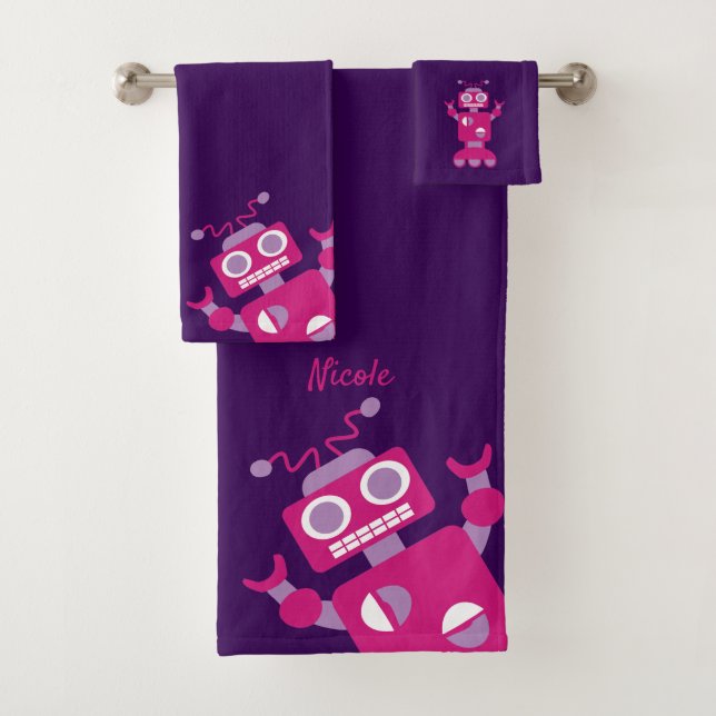 Kids Purple Pink Robot Personalized Fun Bath Towel Set (Insitu)