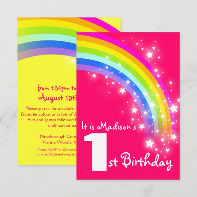 Kids purple rainbow 1st birthday invite (Front/Back)