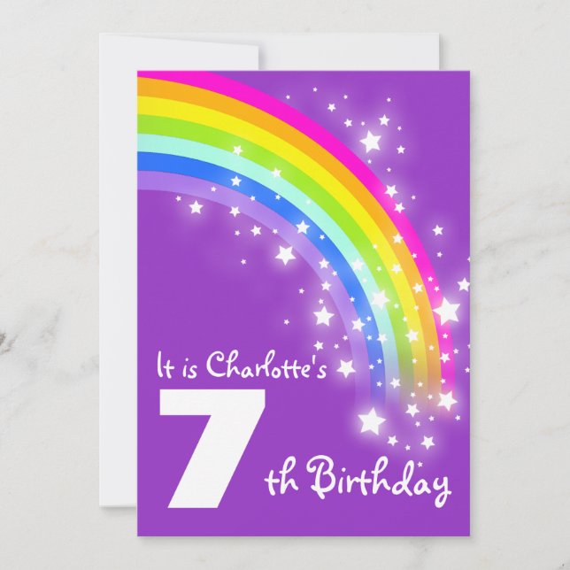 Kids purple rainbow 7th birthday invite (Front)