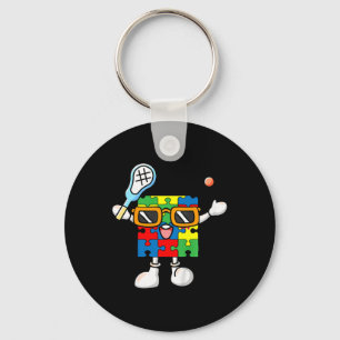 Kids Puzzle Piece Playing Lacrosse Autism Awarenes Keychain
