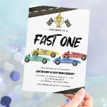 Kids Race Car 1st Birthday Invitation<br><div class="desc">Boys racing 1st birthday invitations featuring a simple white background,  4 watercolor race cars,  roads,  chequered flags,  a trophy,  and a kids birthday celebration template that is easy to customize.</div>