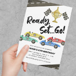 Kids Race Car Any Age Birthday Invitation<br><div class="desc">Boys racing car birthday invitations featuring a simple white background,  4 watercolor race cars,  roads,  chequered flags,  a trophy,  and a kids birthday celebration template that is easy to customize.</div>