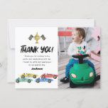 Kids Race Car Birthday Photo Thank You Card<br><div class="desc">Boys racing car birthday thank you cards featuring a simple white background,  4 watercolor race cars,  roads,  chequered flags,  a trophy,  and a modern thank you template that is easy to personalize.</div>