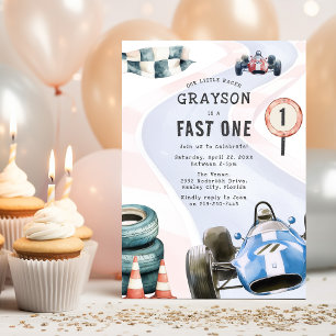 Kids Race Car Themed 1st Birthday Party Invitation