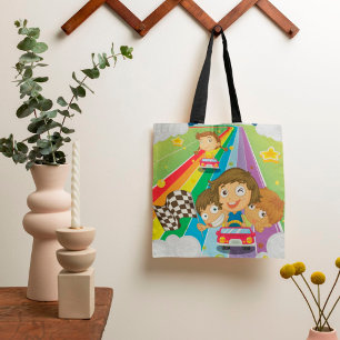 Kids Racing On A Rainbow Tote Bag