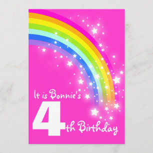 Kids rainbow 4th birthday pink birthday invite