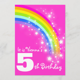 Kids rainbow 5th birthday pink birthday invite