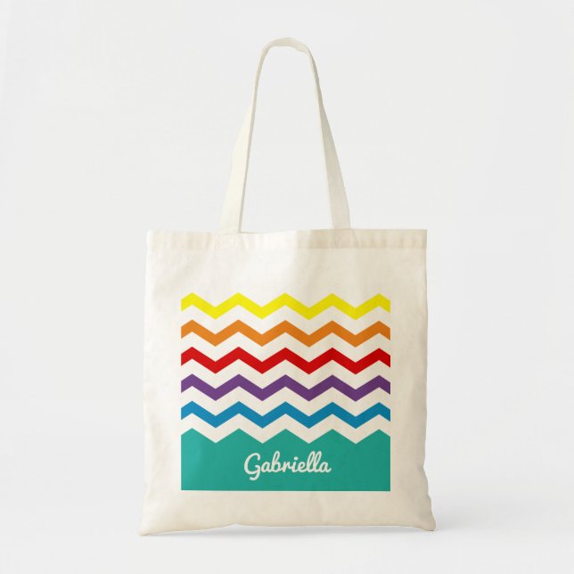 Kids Rainbow Chevron Colourful Pretty Personalized Tote Bag (Front)