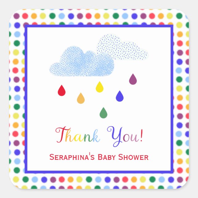 Kids Rainbow Polka Dots Baby Shower Thank You Square Sticker (Front)