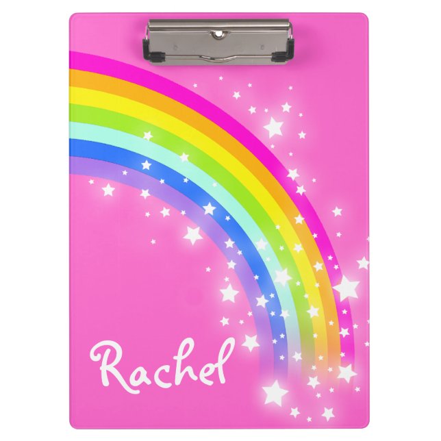 Kids rainbow stars pink named clipboard (Front)