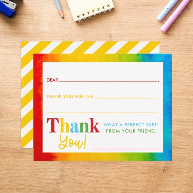 Kids Rainbow Watercolor Fill-In Thank You Card (Creator Uploaded)
