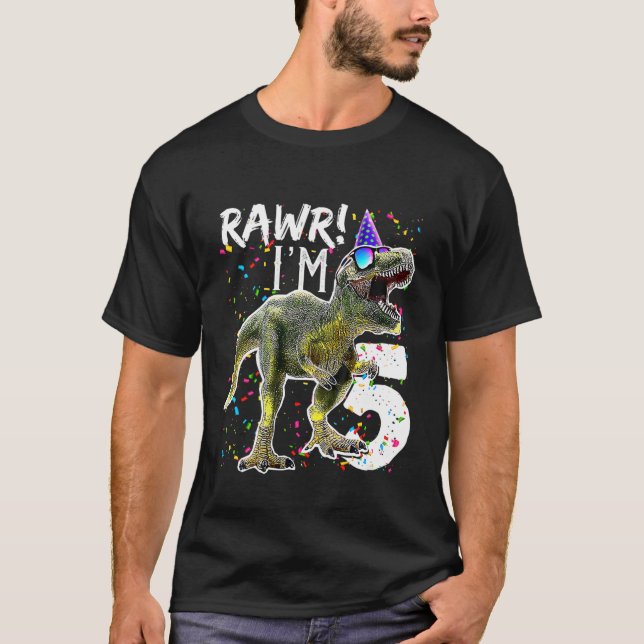 Kids Rawr I'm 5 5Th Birthday Party T Rex Dinosaur T-Shirt (Front)