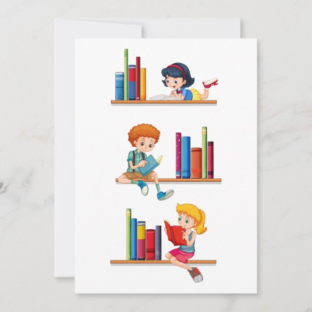 Kids Reading Books on Shelf Invitation (Front)