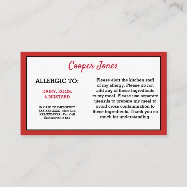 Kids Red Allergy Alert Restaurant Emergency Calling Card (Front)