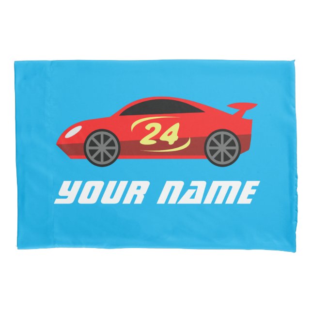 Kid's red racecar pillowcase with custom name (Front)
