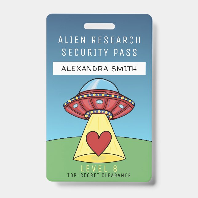 Kids Red UFO Party Alien Research Security Pass Badge (Front)