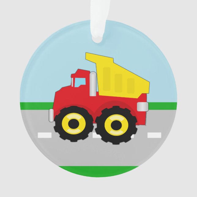 Kid's Red/Yellow Dump Truck on Road Ornament (Front)