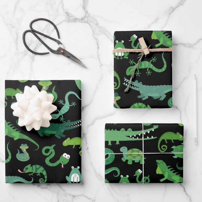 Kids Reptile Amphibian Animal Pattern Wrapping Paper Sheet (Front)