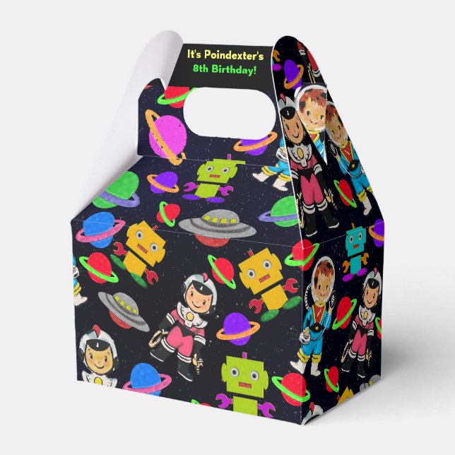 Kids Retro Astronauts and Robots Personalized Favor Box (Front Side)