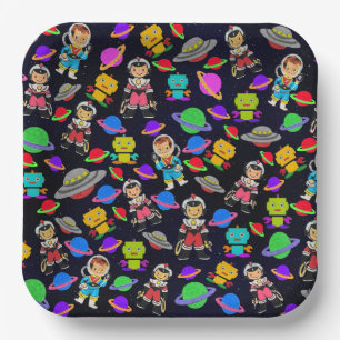 Kids Retro Robots and Astronauts Paper Plate