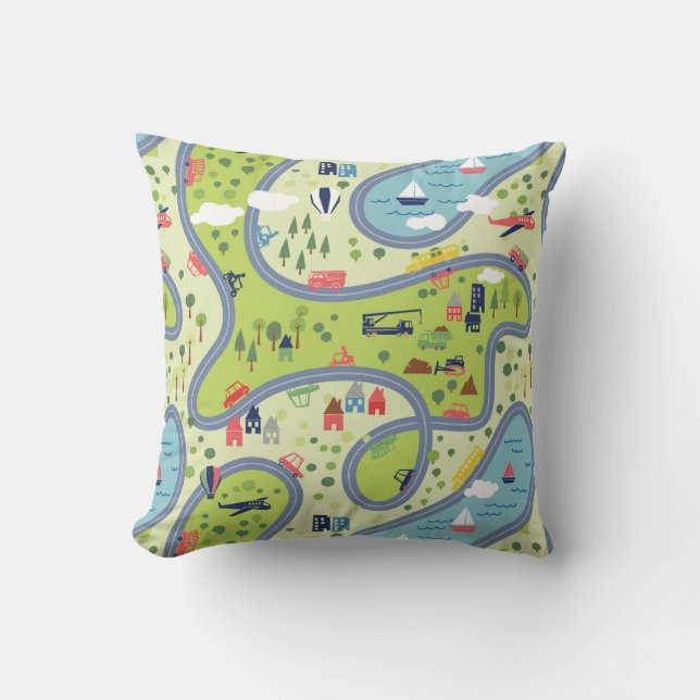 Kids Roadtrip Landscape Pattern Throw Pillow (Front)