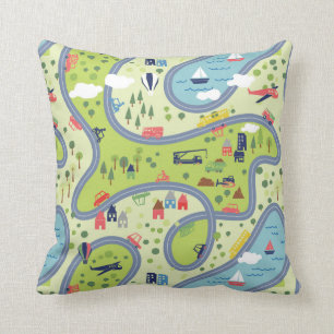 Kids Roadtrip Landscape Pattern Throw Pillow