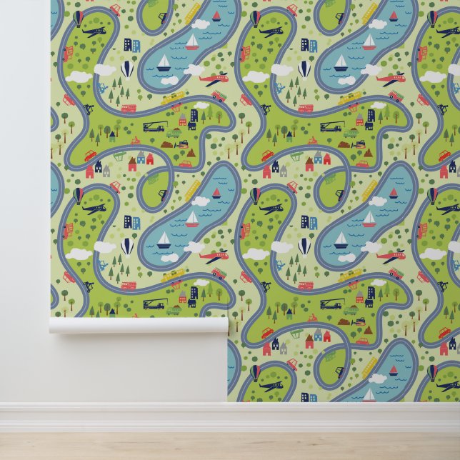Kids Roadtrip Landscape Pattern Wallpaper (Application)