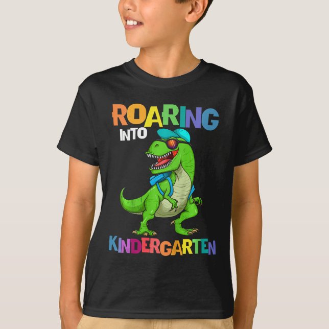 Kids Roaring Into Kindergarten Dinosaur T Rex Back T-Shirt (Front)