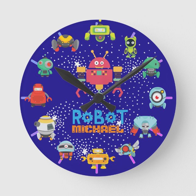 Kids ROBOT Bedroom Decor Pink Blue Named Nuts Bolt Round Clock (Front)